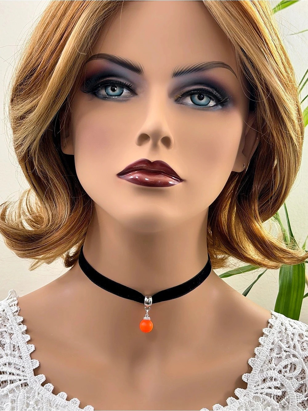 Orange Swarovski pearl Black Velvet-Style Choker Necklace